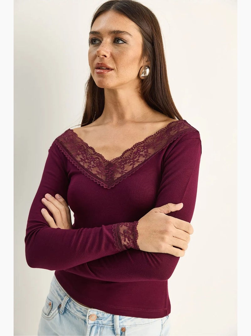 T-shirt manches longues col v dentelle lucci Rouge bordeaux - Kiabi