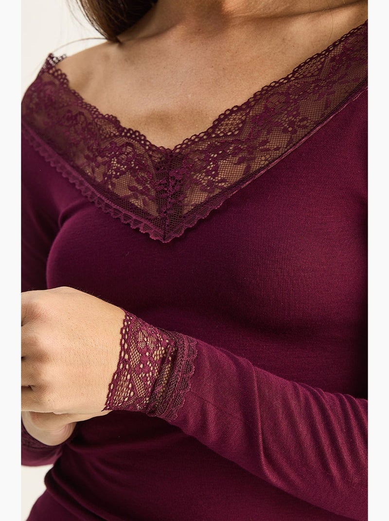 T-shirt manches longues col v dentelle lucci Rouge bordeaux - Kiabi