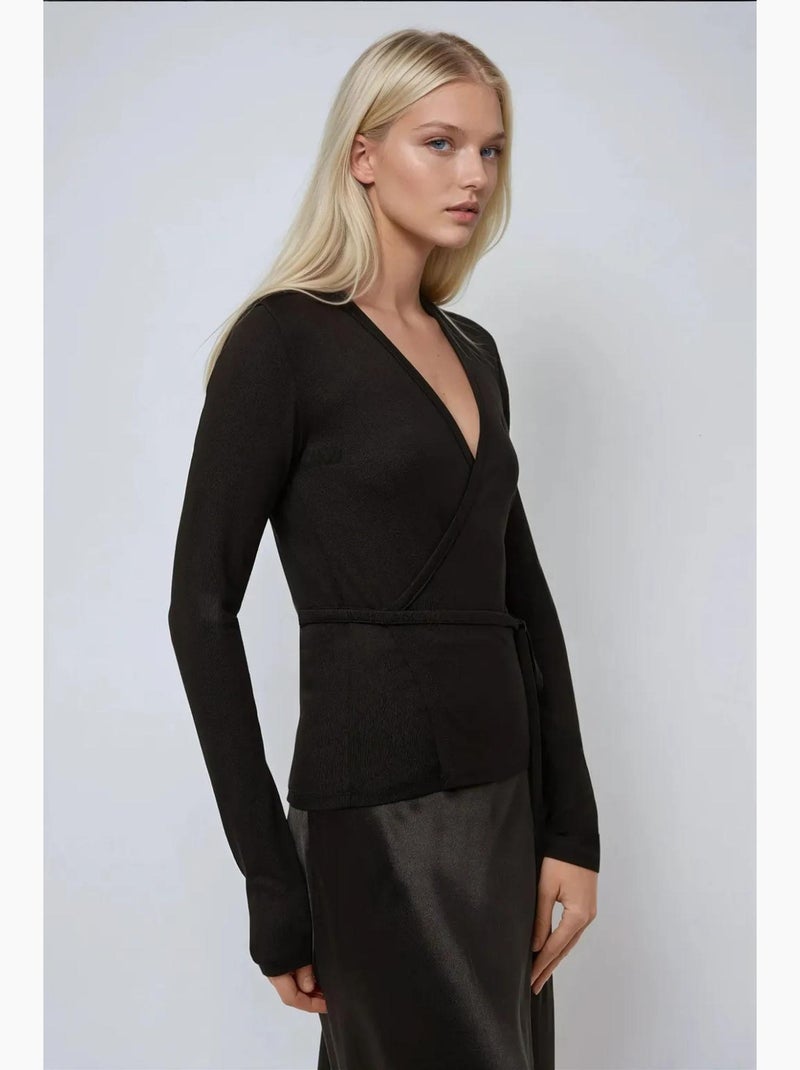 T-shirt manches longues col v doux en viscose hiccup Noir - Kiabi