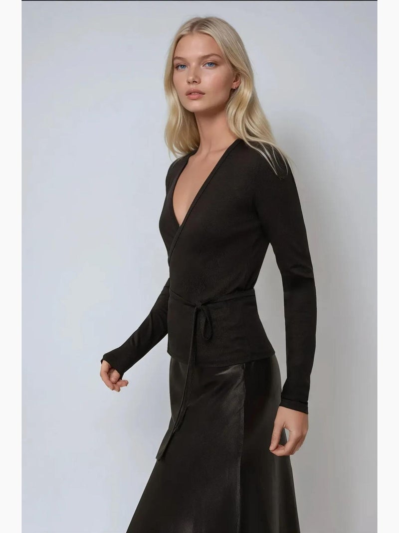 T-shirt manches longues col v doux en viscose hiccup Noir - Kiabi