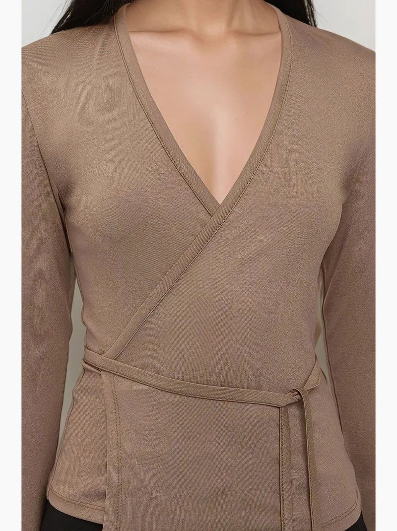 T-shirt manches longues col v doux en viscose hiccup Taupe - Kiabi