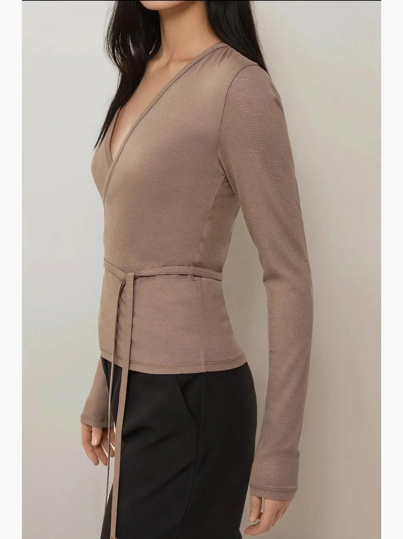 T-shirt manches longues col v doux en viscose hiccup Taupe - Kiabi