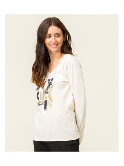 T-shirt manches longues col V imprimé doré - Kiabi