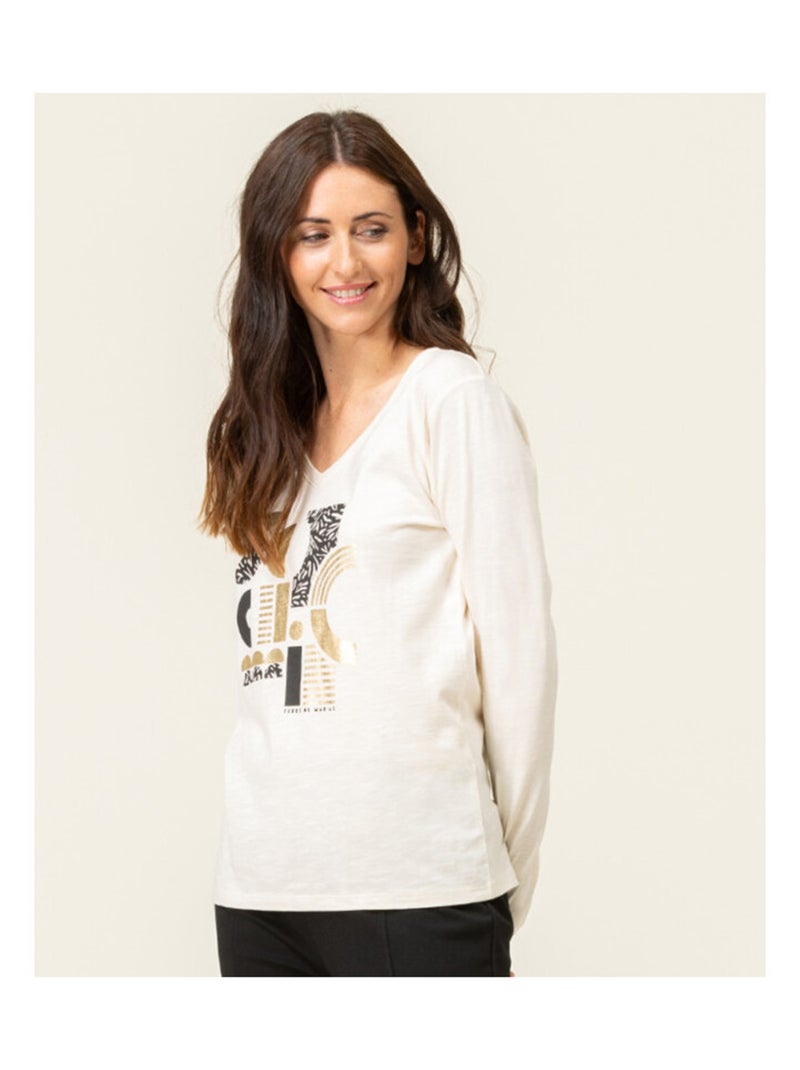 T-shirt manches longues col V imprimé doré Beige - Kiabi