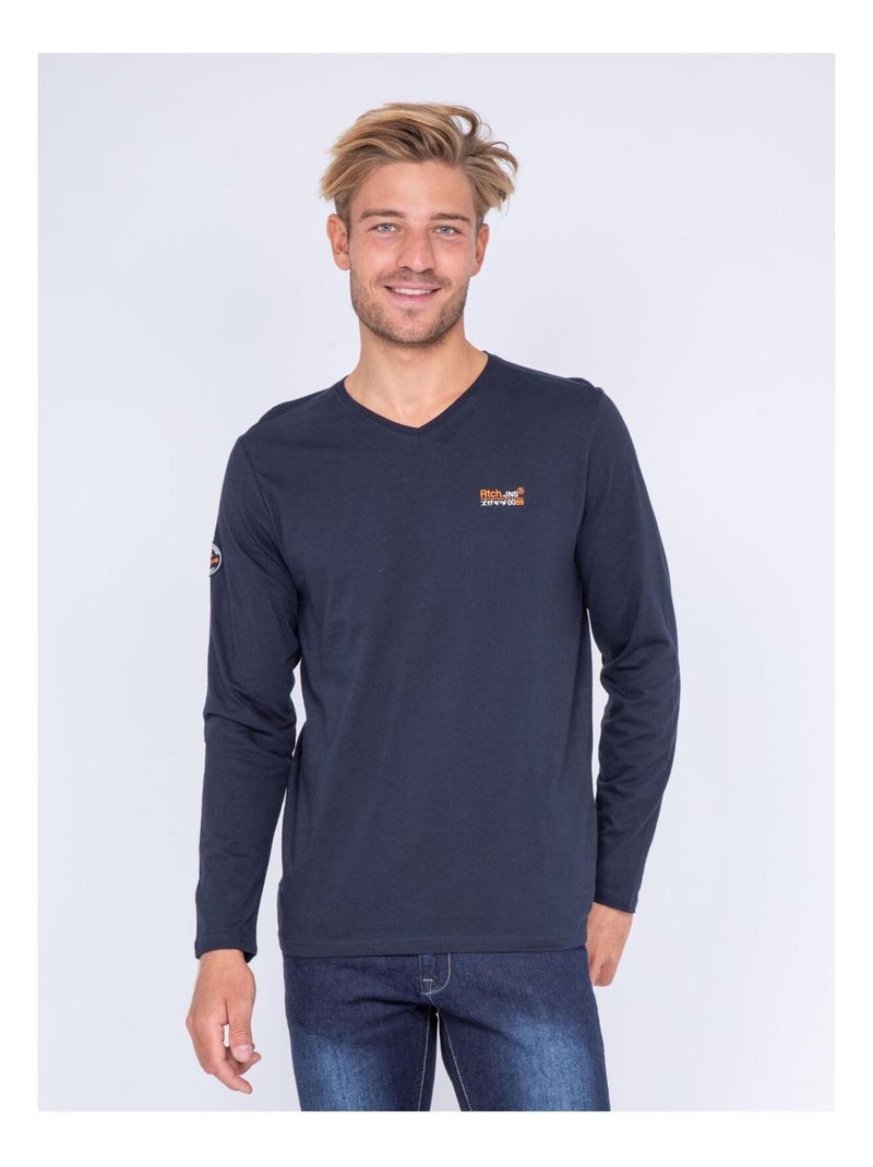 T-shirt manches longues col V pur coton JARYS Bleu marine - Kiabi