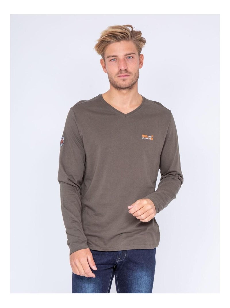 T-shirt manches longues col V pur coton JARYS Kaki - Kiabi