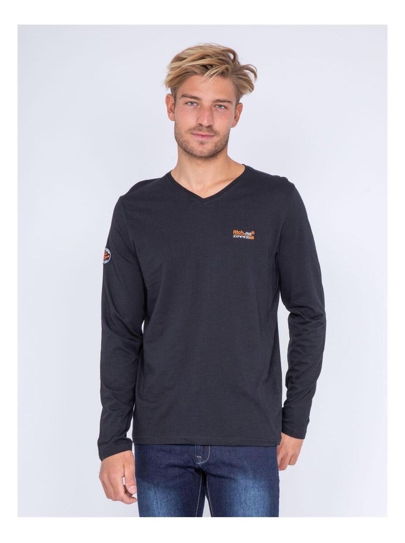 T-shirt manches longues col V pur coton JARYS Noir - Kiabi