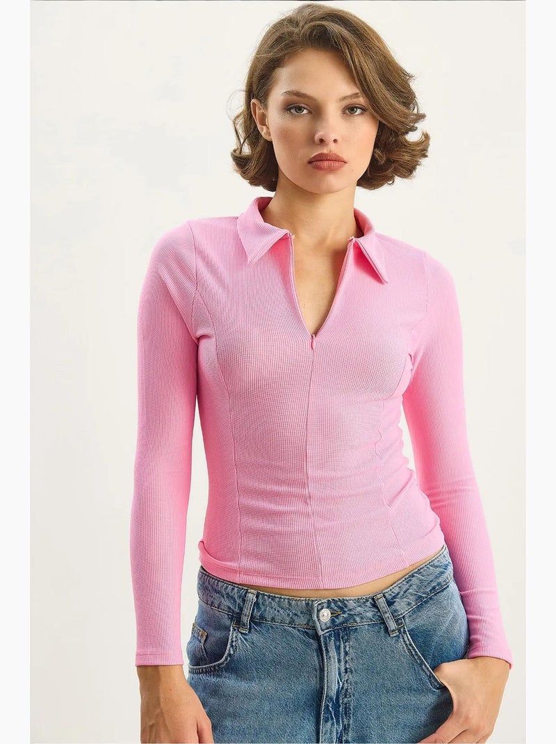 T-shirt manches longues col zippé ajusté lucci Rose fluo/Solinotes - Kiabi