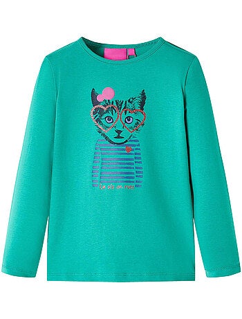 T-shirt manches longues coton élasthanne à imprimé chat - vidaxl