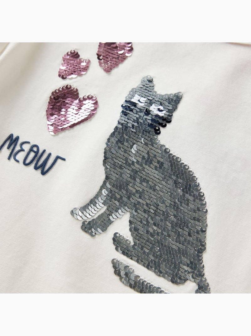 T-shirt manches longues coton élasthanne chat en sequins cœur clair - vidaxl Blanc - Kiabi