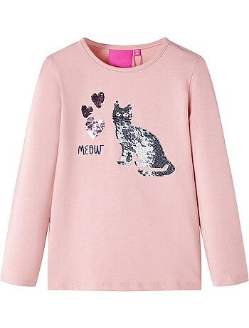 T-shirt manches longues coton élasthanne chat en sequins cœur clair - vidaxl