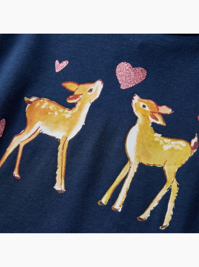 T-shirt manches longues coton stretch imprimé cerfs col rond - vidaxl Bleu - Kiabi