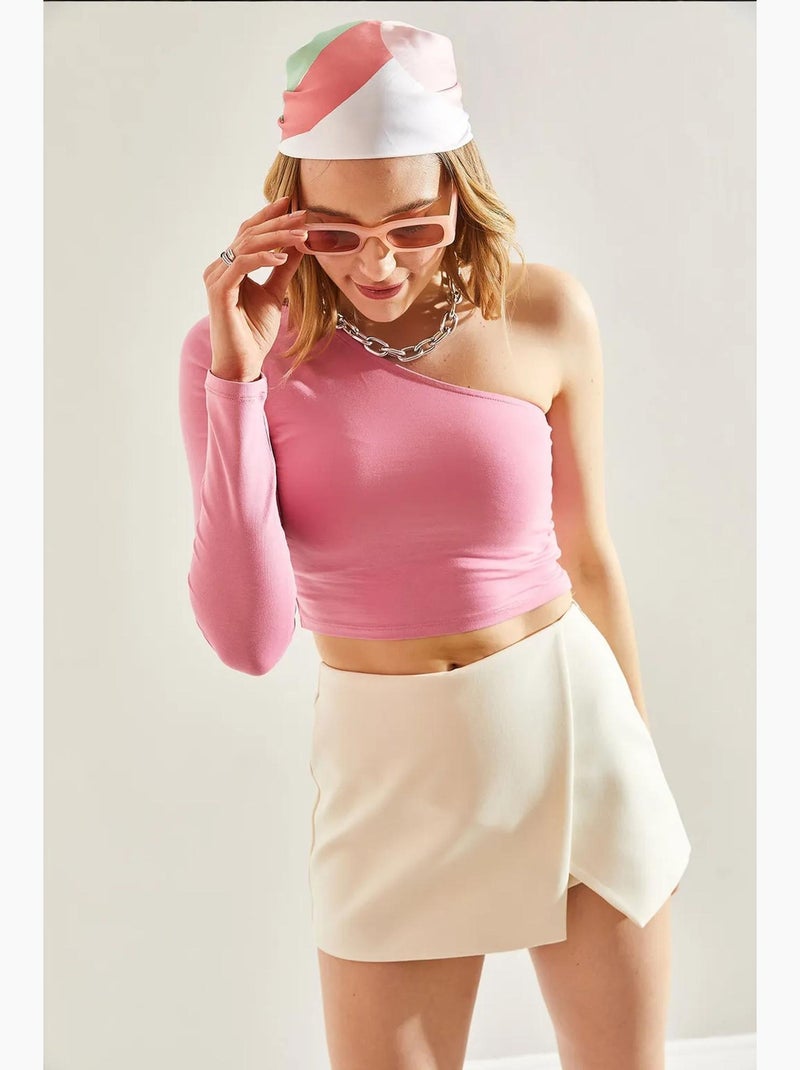 T-shirt manches longues court col asymétrique lucci Rose pâle - Kiabi