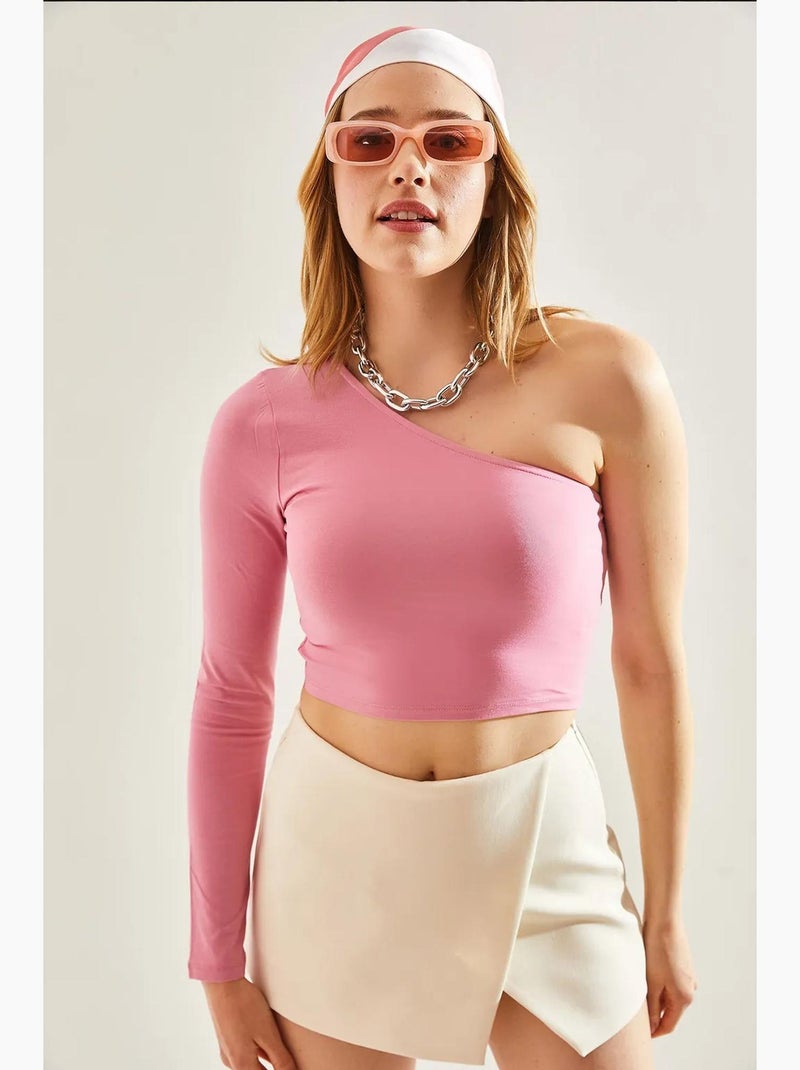 T-shirt manches longues court col asymétrique lucci Rose pâle - Kiabi