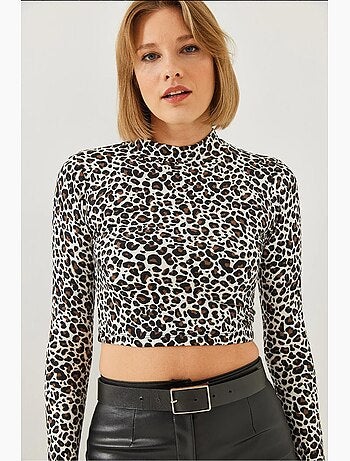 T-shirt manches longues court col montant imprimé léopard lucci