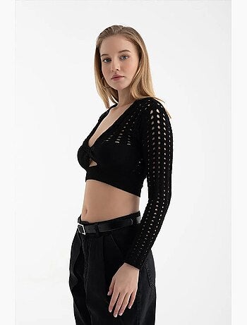T-shirt manches longues crochet ajouré col rond hiccup