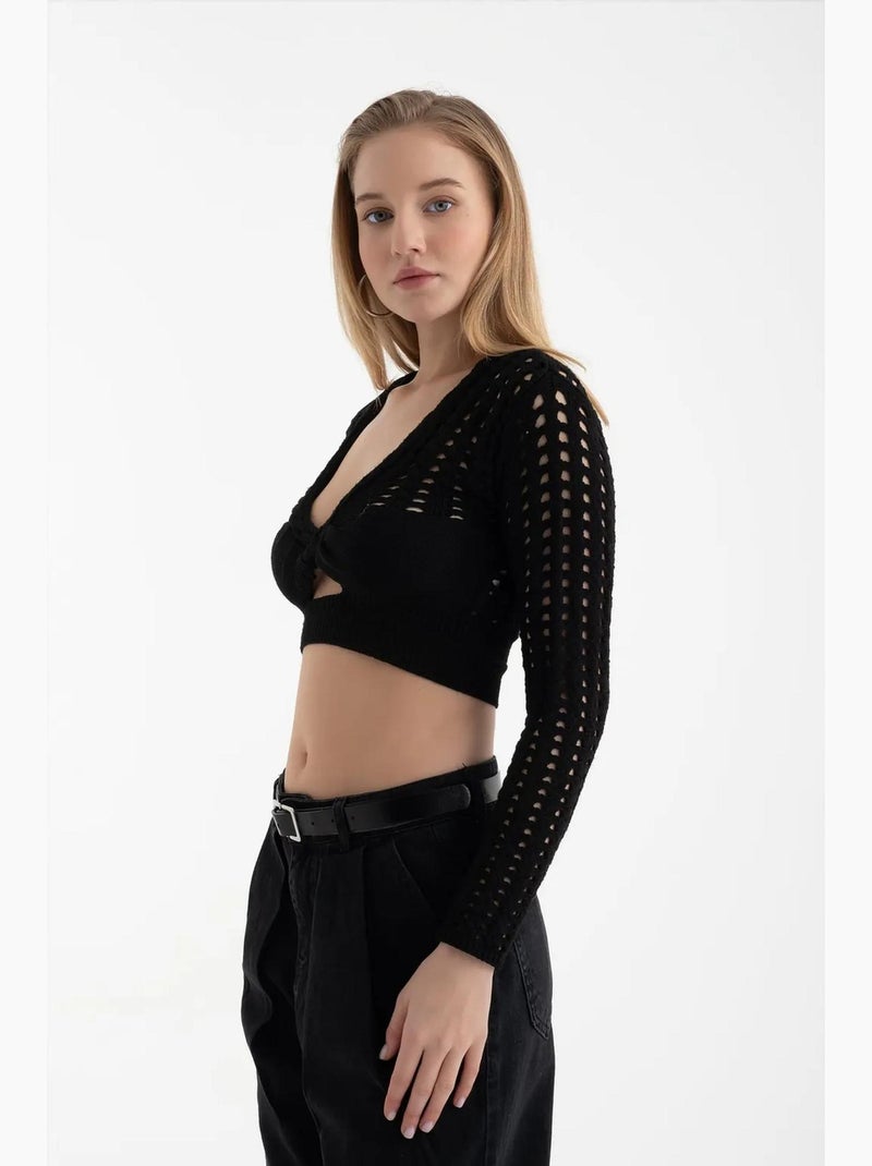 T-shirt manches longues crochet ajouré col rond hiccup Noir - Kiabi