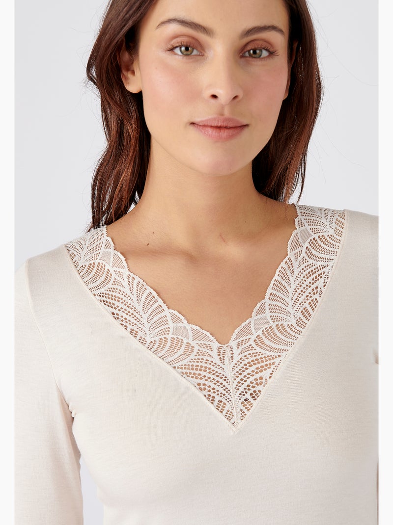 T-shirt manches longues dentelle Thermolactyl Sensitive thermique - Damart Blanc cassé - Kiabi