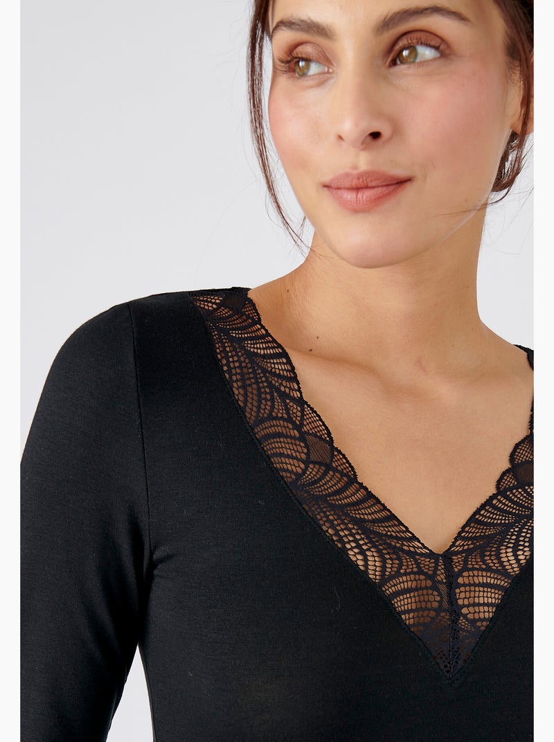 T-shirt manches longues dentelle Thermolactyl Sensitive thermique - Damart Noir - Kiabi