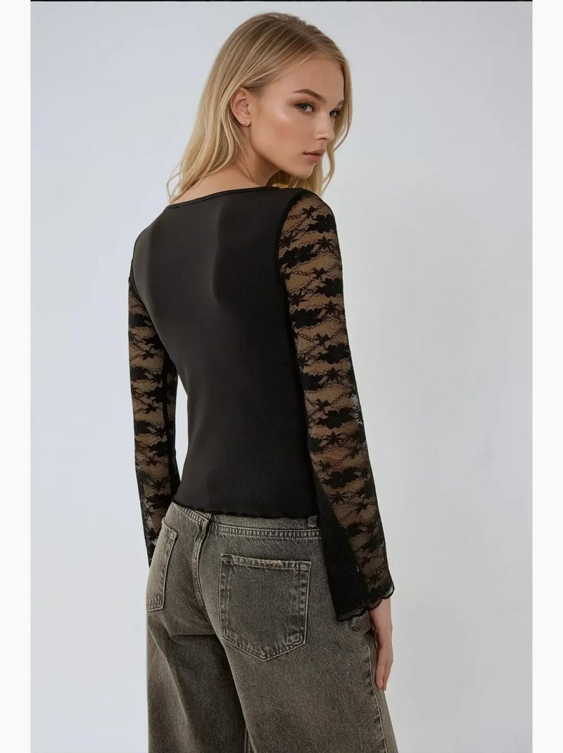T-shirt manches longues détail dentelle hiccup Noir - Kiabi