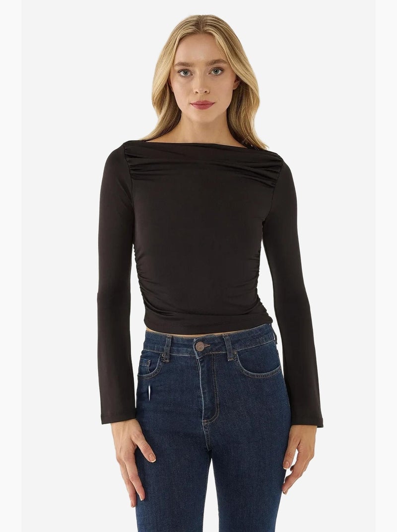 T-shirt manches longues détail drapé hiccup Noir - Kiabi