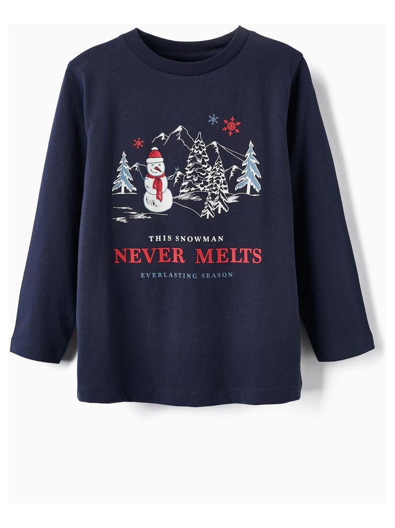 T-Shirt Manches Longues en Coton pour Garçon manches longues  NOËL Bleu foncé - Kiabi