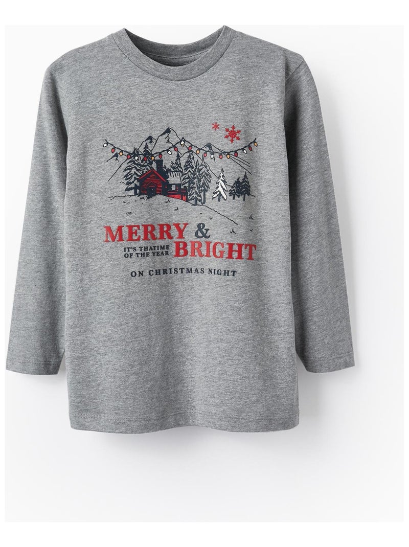 T-Shirt Manches Longues en Coton pour Garçon 'Merry & Bright - Christmas' manches longues  NOËL Gris - Kiabi
