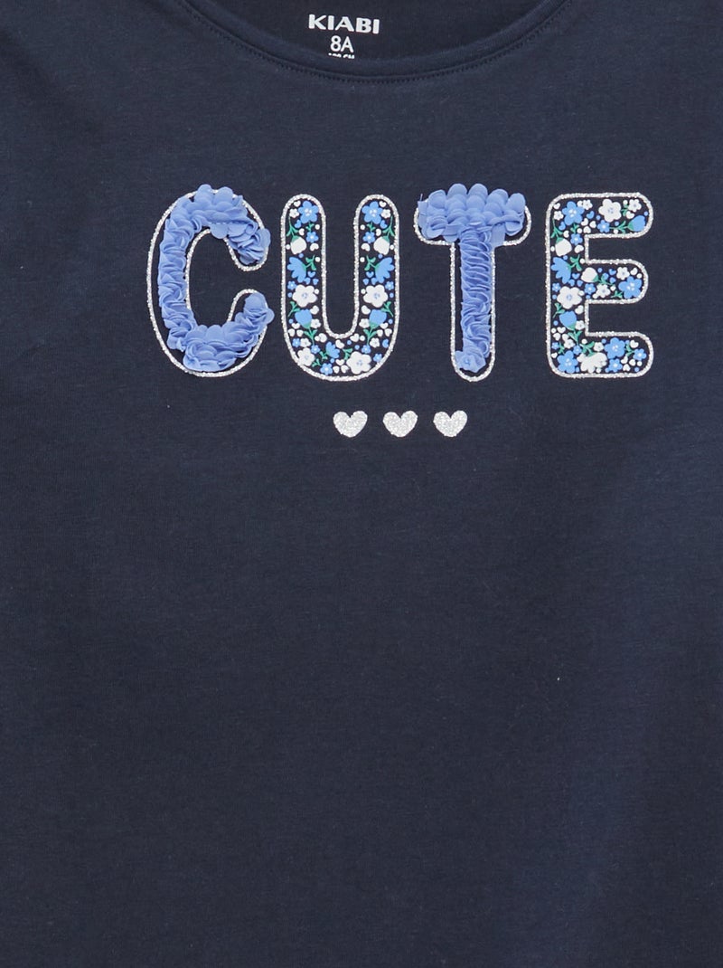 T-shirt manches longues en jersey imprimé + reliefs fantaisies Bleu marine - Kiabi