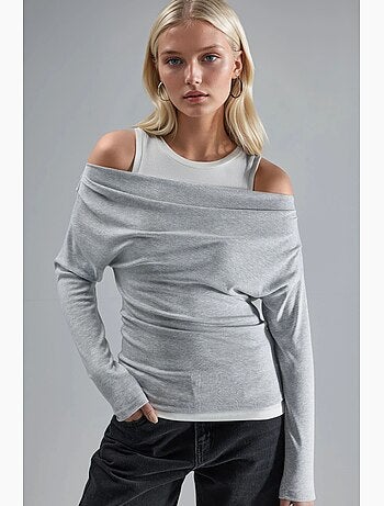 T-shirt manches longues épaules dénudées double épaisseur en maille hiccup