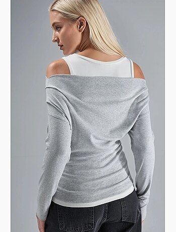 T-shirt manches longues épaules dénudées double épaisseur en maille hiccup