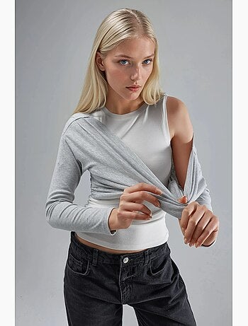 T-shirt manches longues épaules dénudées double épaisseur en maille hiccup