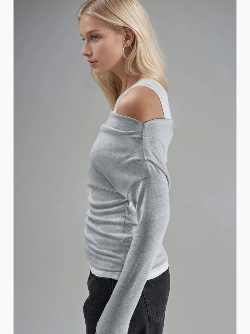 T-shirt manches longues épaules dénudées double épaisseur en maille hiccup Gris - Kiabi