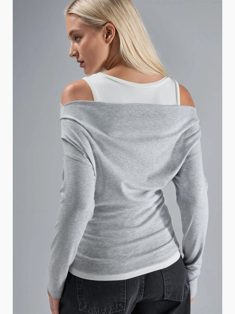 T-shirt manches longues épaules dénudées double épaisseur en maille hiccup Gris - Kiabi