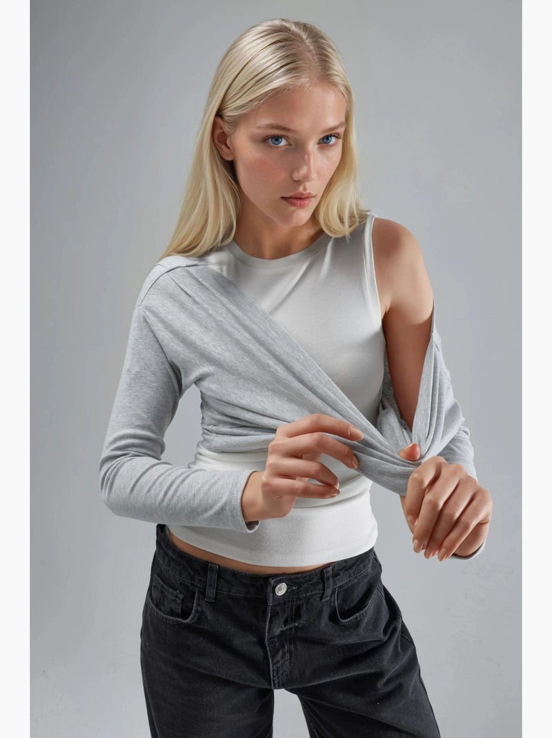 T-shirt manches longues épaules dénudées double épaisseur en maille hiccup Gris - Kiabi