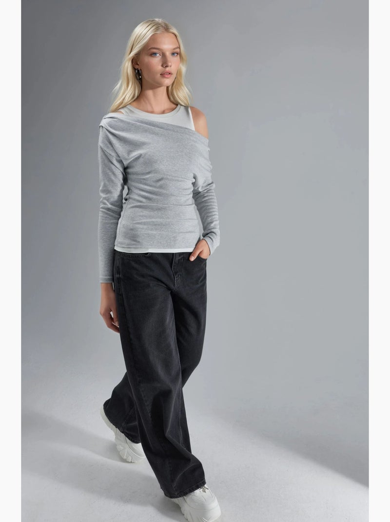 T-shirt manches longues épaules dénudées double épaisseur en maille hiccup Gris - Kiabi