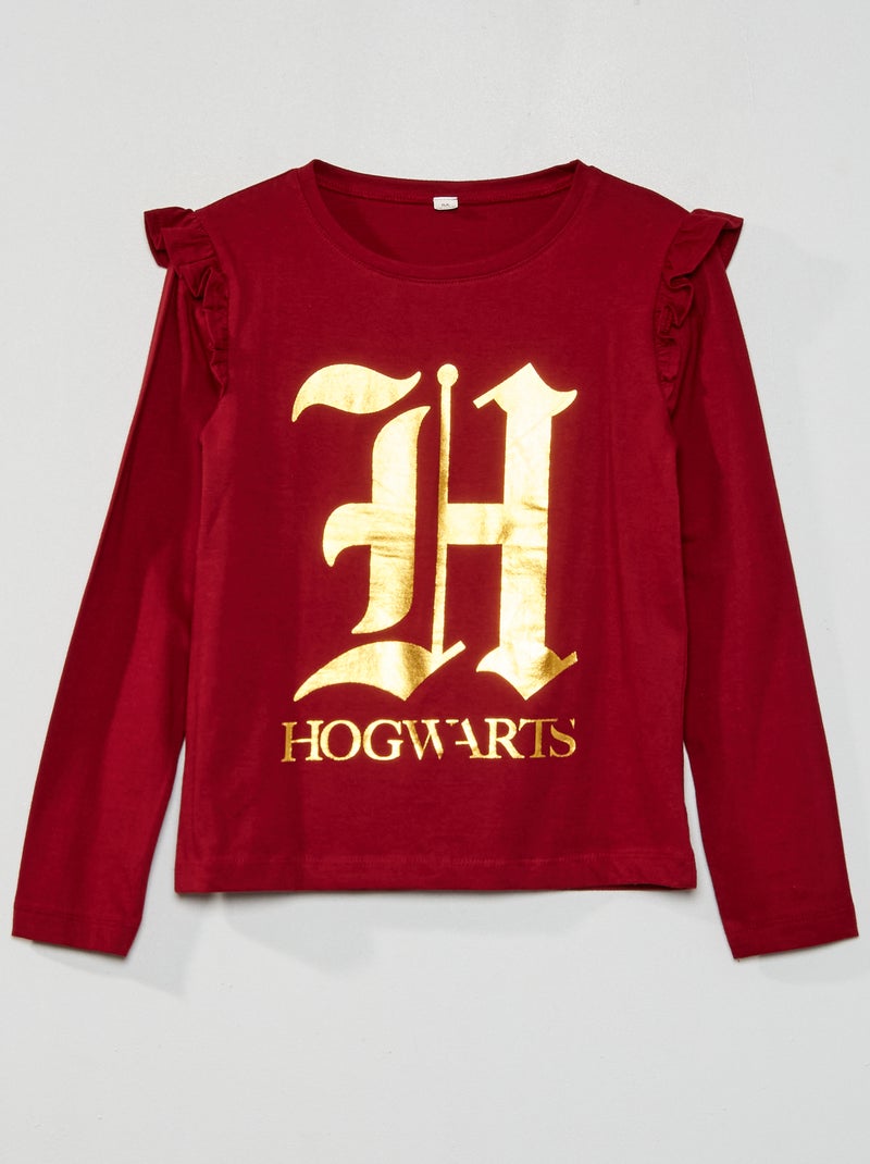 T-shirt Manches Longues Harry Potter - Motif Hogwarts Pailleté Or - Fille Gris - Produit Officiel