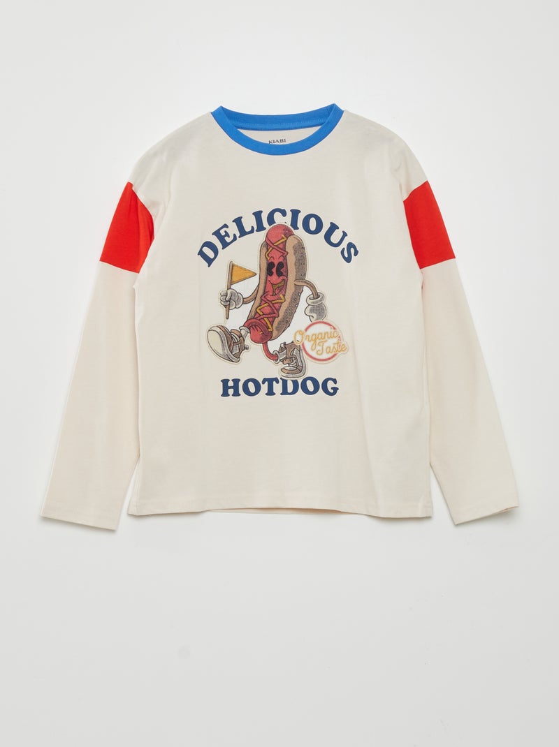 T-shirt manches longues 'Hotdog' Blanc/rouge - Kiabi