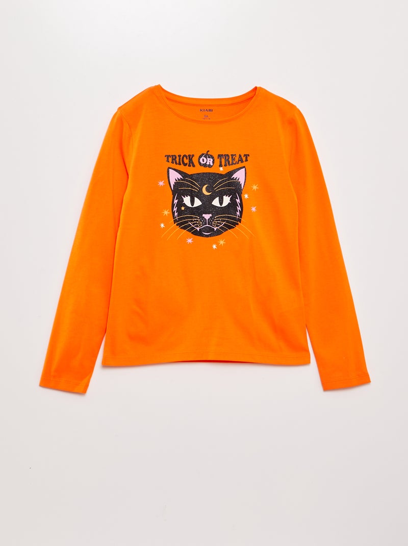 T-shirt manches longues imprimé - Halloween Orange cat - Kiabi