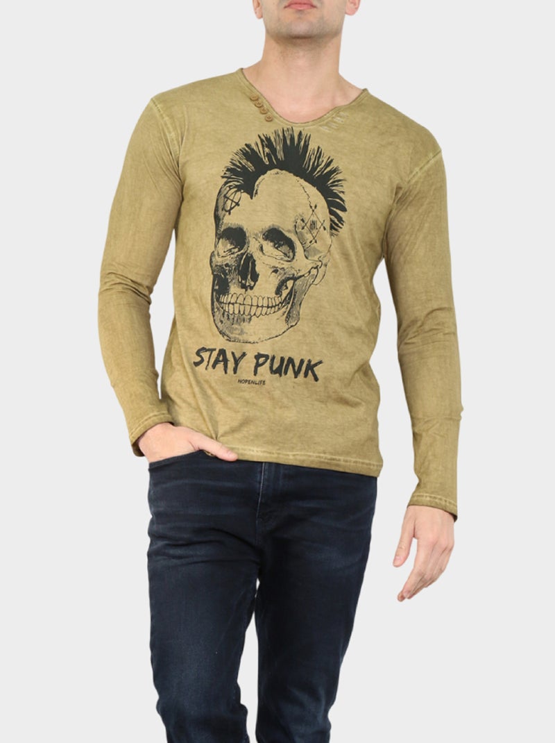 T-shirt manches longues imprimé Jaune paille - Kiabi