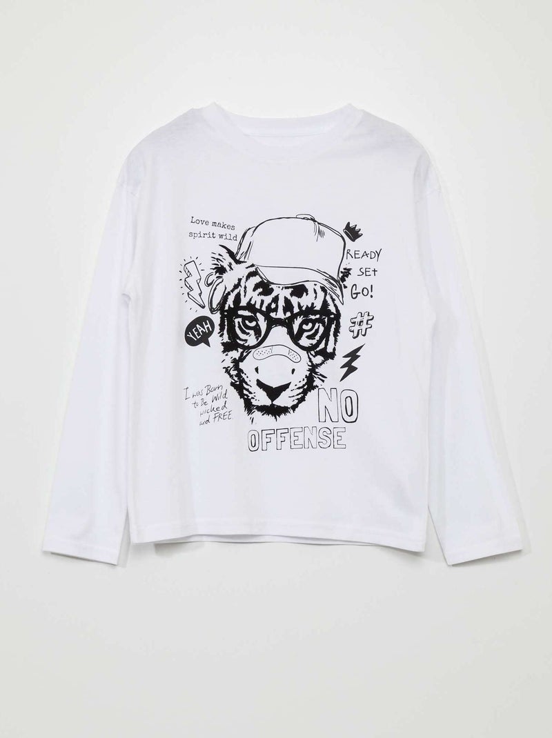 T-shirt manches longues imprimé 'Tigre' Blanc - Kiabi