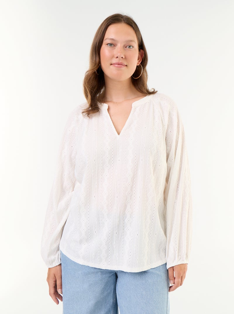 T-shirt manches longues matière ajourée Blanc - Kiabi