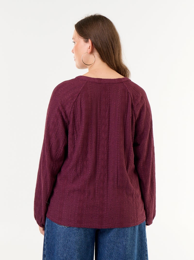 T-shirt manches longues matière ajourée Rose - Kiabi