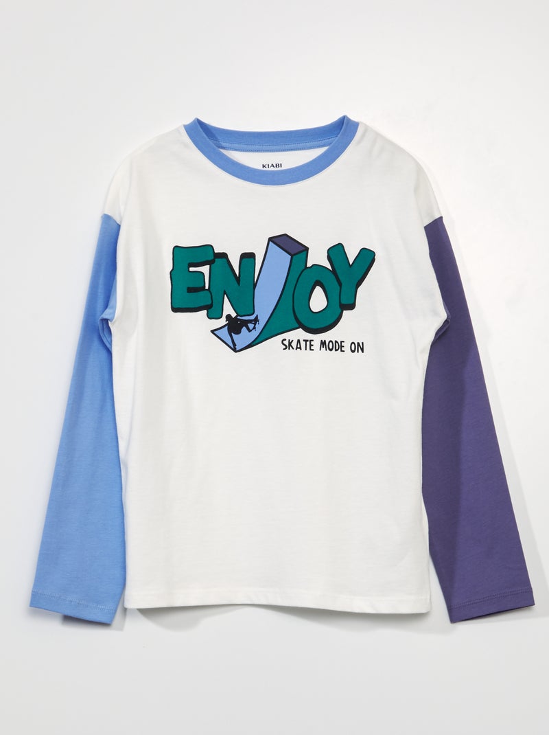 T-shirt manches longues 'skate' Blanc/violet - Kiabi