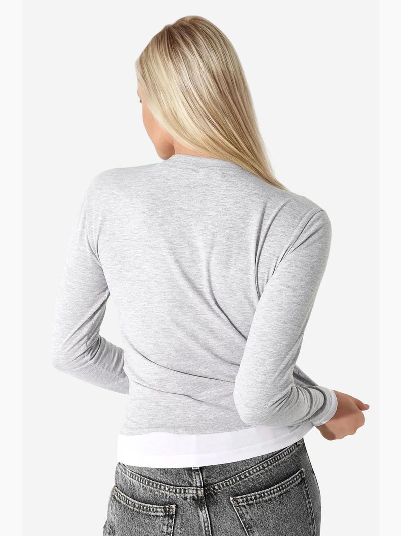 T-shirt manches longues texturé col rond ajusté hiccup Gris clair - Kiabi