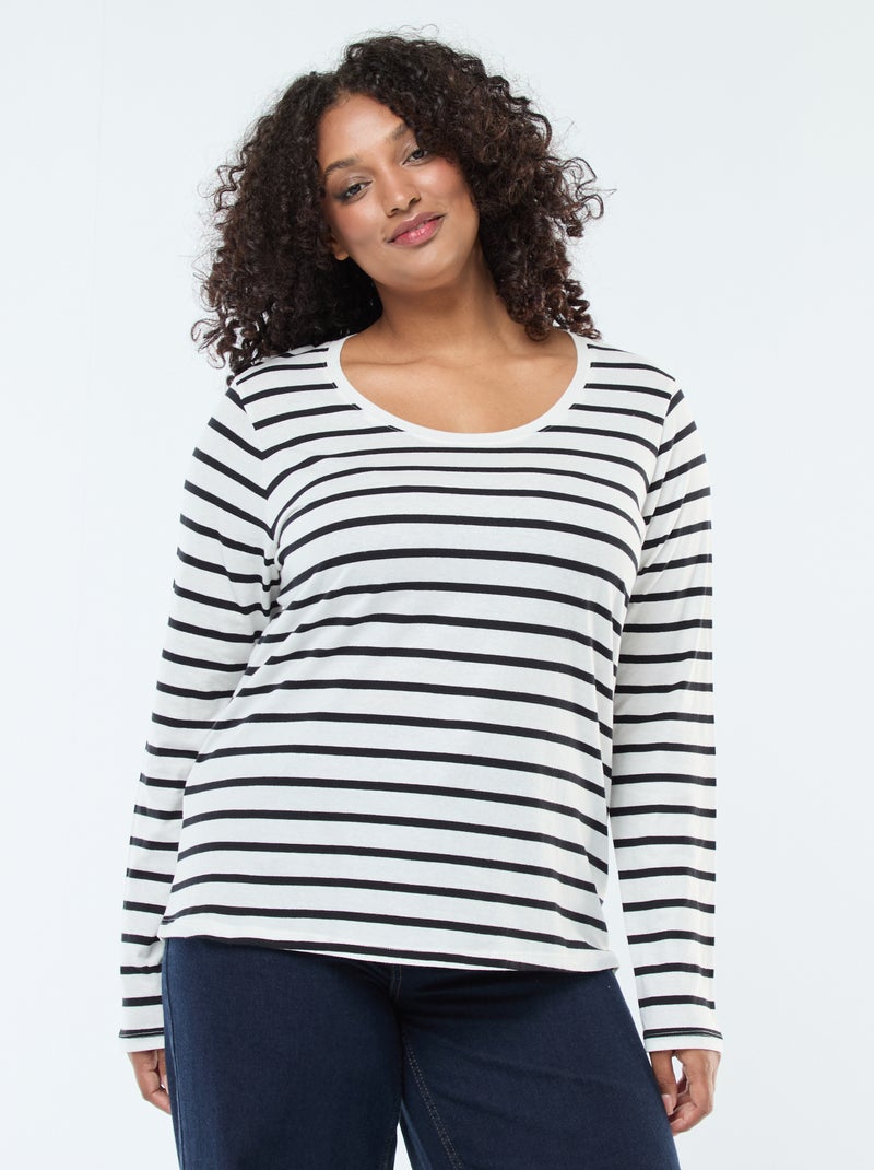 T-shirt manches longues uni en jersey Blanc rayé - Kiabi