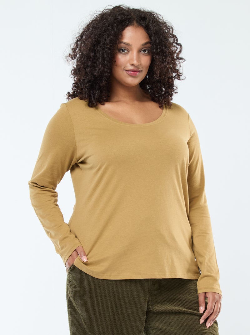 T-shirt manches longues uni en jersey Vert kaki - Kiabi