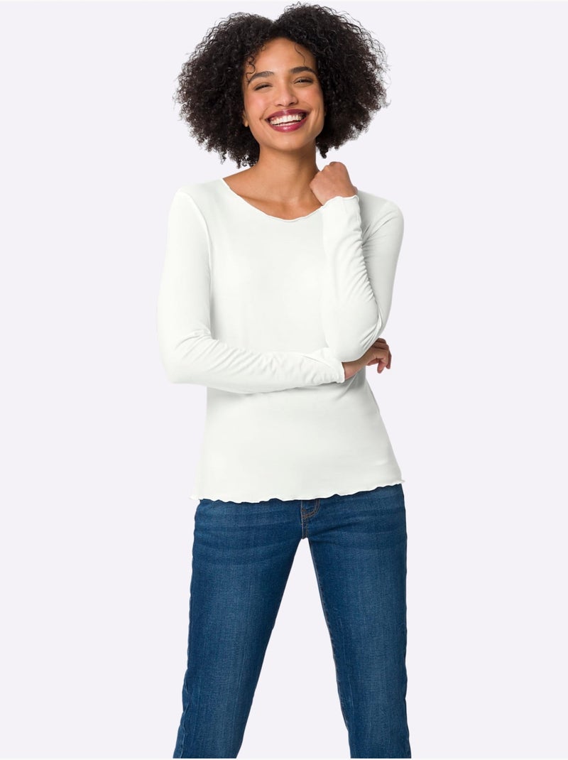 T-shirt Manches Longues Viscose Douce - Taille Standard - helline Blanc Rouge - Kiabi