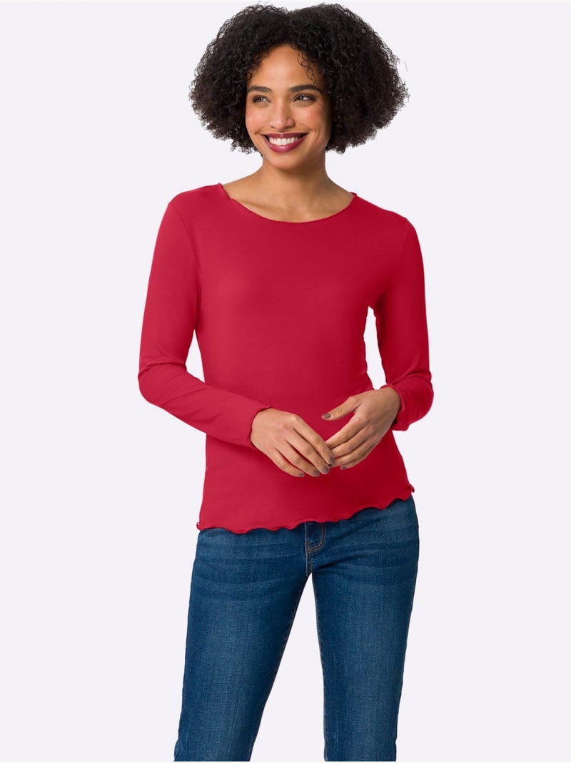 T-shirt Manches Longues Viscose Douce - Taille Standard - helline Blanc Rouge - Kiabi
