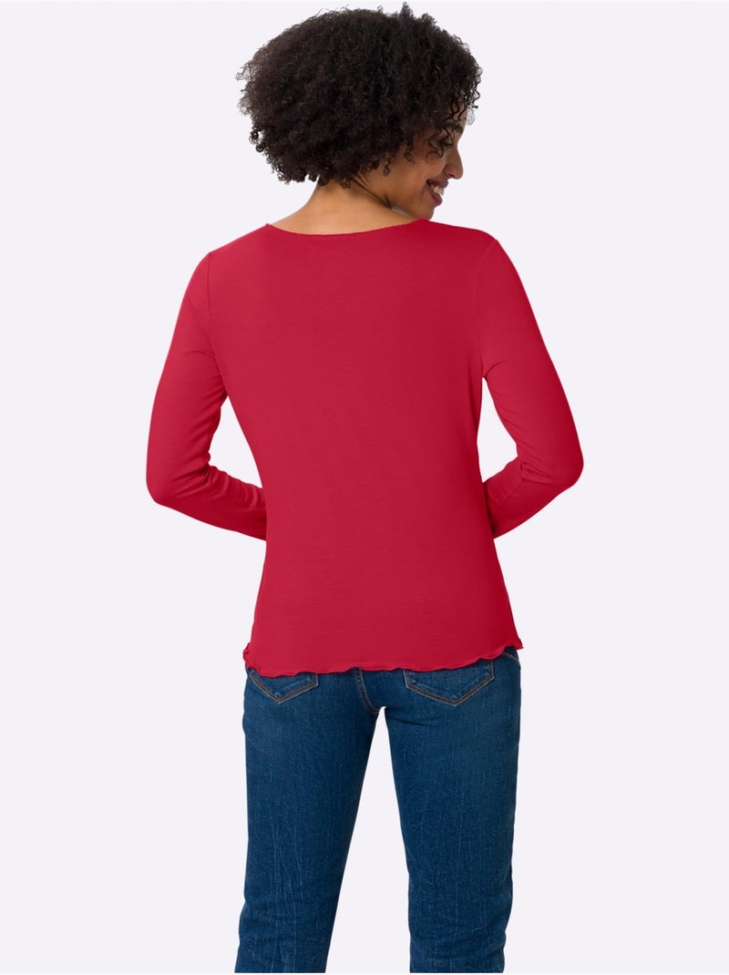 T-shirt Manches Longues Viscose Douce - Taille Standard - helline Blanc Rouge - Kiabi