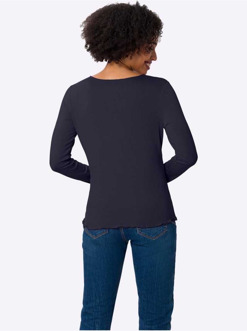T-shirt Manches Longues Viscose Douce - Taille Standard - helline Ecru/Marine - Kiabi